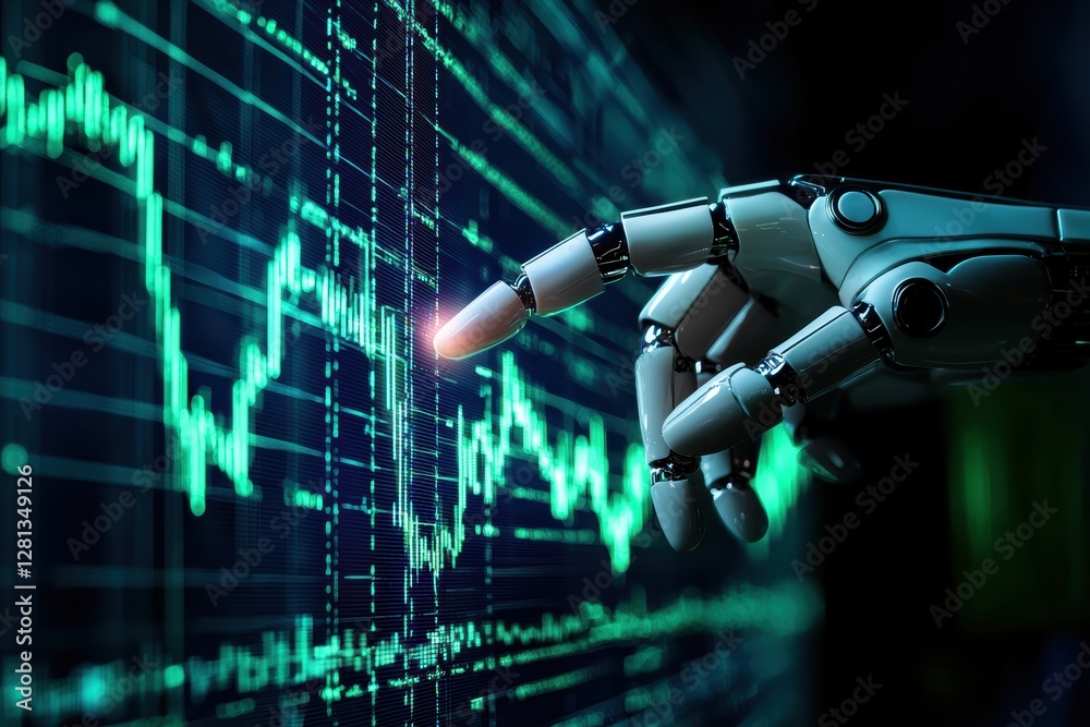 Poster robot hand analyzing stock market data on digital screen
