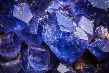 Captivating cluster of vibrant blue halite crystals showcasing intricate geometric formations and mineral texture detail