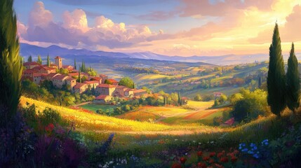 Obraz premium Serene Countryside Landscape at Sunset with Rolling Hills and Houses