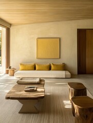 A minimalist modern living room shows a neutral color scheme