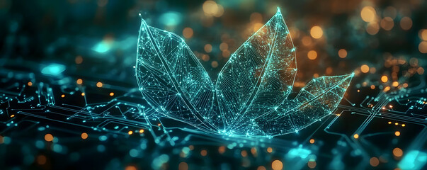 Innovative AI technology concept with digital leaf and circuit patterns