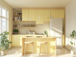 Contemporary yellow kitchen is the main focus of the image