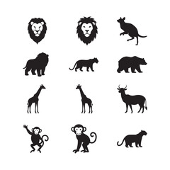 animal silhouettes icon set including dog, elephant, wolf, bear, lion, and cat in black vector illustration
