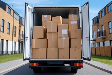 Organized Moving Day - Professional Photography of Packed Moving Truck Outside House with Cardboard Boxes and Household Items, High Resolution Image with Realistic Lighting and Sharp Focus