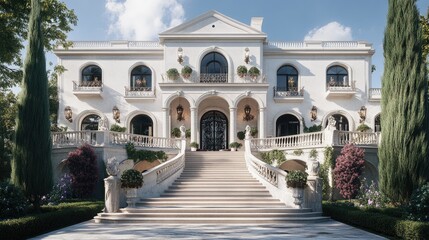 Elegant White Mansion with Grand Staircase and Lush Gardens