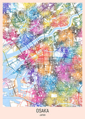 Osaka Japan City Map, downtown tourism, house art travel, scenic metropolis concept, travel art city, patriotic abstract banner