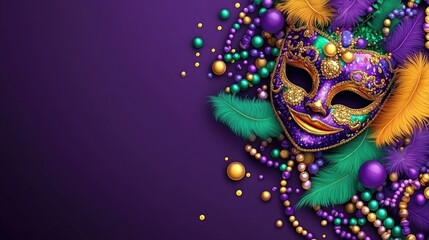 Fototapeta premium Colorful mardi gras mask with feathers and beads on purple background. Mardi Gras, Fat Tuesday, Carnival Season. Bright Parades, Masks, Festive Costumes, Vibrant Atmosphere