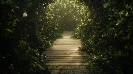 Obraz premium Wooden Path Through Lush Green Garden with White Flowers and Sunlight