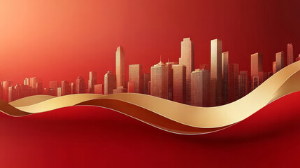 Abstract red and gold city skyline, Party Building China National Day poster