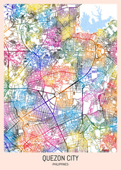 Quezon City Philippines Map, downtown tourism, house art travel, scenic metropolis concept, travel art city, patriotic abstract banner