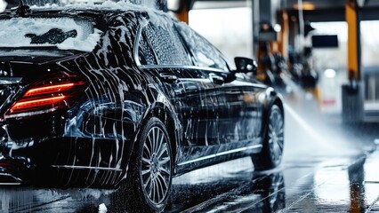 Obraz premium luxury black car being washed at car wash, close-up shot with soap and water for auto detailing and carwash promotion banner background