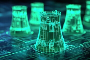 Futuristic illustration of green energy with digital power plant towers and abstract circuitry, emphasizing renewable technology and sustainability