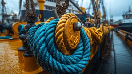 Obraz premium Colorful mooring ropes showcase intricate knots and maritime beauty