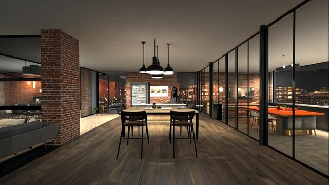 Modern loft apartment interior at night with city view, brick walls, hardwood floors, and glass partitions separating dining and living areas.