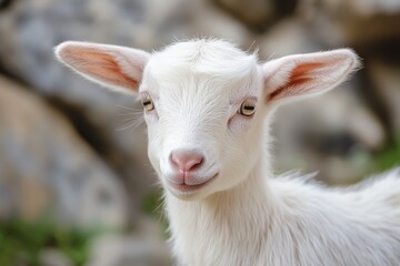 Fototapeta premium Cute young goat with fluffy white fur looking curiously at the camera in a natural setting with rocks and greenery. Generative AI