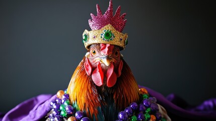 Royal rooster: colorful chicken wearing crown and beads against dark background. Mardi Gras, Fat Tuesday, Carnival Season. Bright Parades, Masks, Festive Costumes, Vibrant Atmosphere