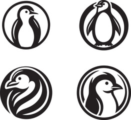 A set of penguin circle logos, black and white shapes, animal logos, and icons, penguin silhouette design © Masum