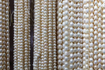 Close up of thick strings of white pearls hanging on shop display