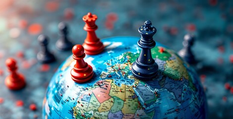 Chess figurines with us and china flags facing off on world map, symbolizing global competition and economic conflict. Deglobalization or multipolar world concept
