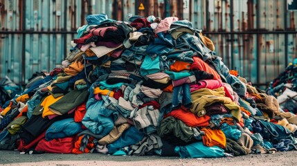Naklejka premium The image depicts a large old pile of discarded clothing items stacked into a mound, symbolizing waste or fast fashion excess
