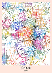 Urumqi China City Map, downtown tourism, house art travel, scenic metropolis concept, travel art city, patriotic abstract banner
