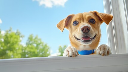 Curious Dog Peeking Out Window During Owners' Move, Realistic High Resolution Stock Photo with Clear Detail