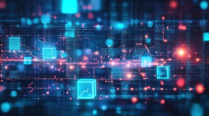 Obraz premium Abstract digital data flow with glowing cubes and lines.