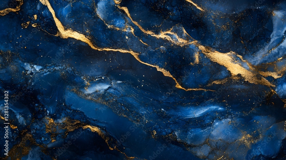 Leinwandbilder Mesmerizing Abstract Fluid Art in Rich Blue and Gold Tones Showcasing Dynamic Swirls and Luxurious Marble Like Patterns  This captivating image is a stunning example of contemporary digital art