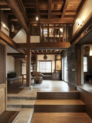 Japanese inspired interior featuring wooden structures and elements