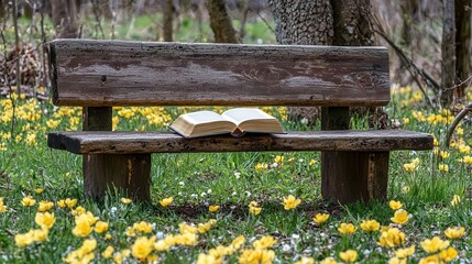 Naklejka premium Serene Springtime Open Book on Rustic Bench in a Flowery Meadow