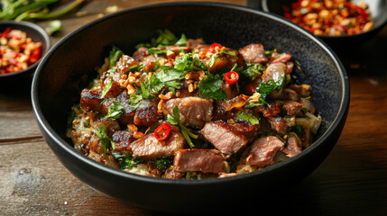Fototapeta premium bowl of flavorful rice topped with tender meat, herbs, and spices, garnished with chili and peanuts, creating delicious meal