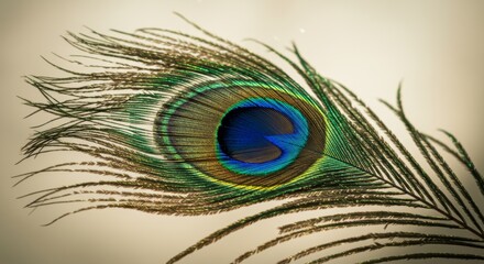 Elegant peacock feather displaying iridescent colors under gentle light
