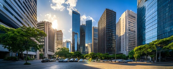A panoramic view of Rio de Janeiro’s financial district with modern offices, tech companies, and luxury stores lining the streets