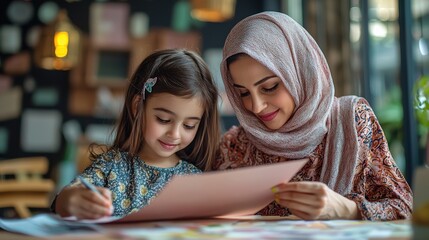 mother and daughter joyfully create handmade cards together, sharing special bonding moment. room is filled with warmth and creativity as they focus on their artistic project