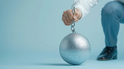 person in business attire is holding heavy metallic ball and chain, symbolizing burden or constraint, against light blue background