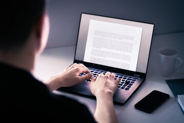 Writer writing content or blog with computer. Article, letter, cv work application or college essay with laptop. Typing text. News report, book or journal. Journalist or editor. Digital document.