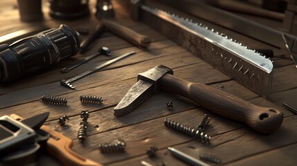  A hammer, hand saw, and electric drill are arranged on a wooden work surface, surrounded by screws, nails, clamps, and other tools.