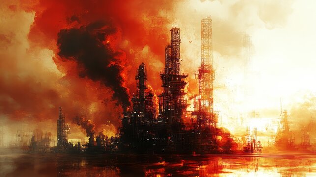 Industrial complex ablaze with billowing smoke fills the sky