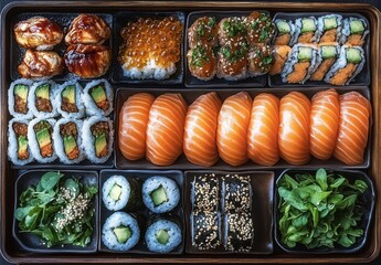 Delicious assorted sushi platter featuring vibrant sashimi, nigiri, maki rolls, and fresh garnishes arranged elegantly on a wooden tray