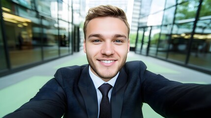 Fototapeta premium Smiling Businessman Selfie Modern Office Building