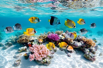 Fototapeta premium A vibrant underwater scene featuring colorful coral and various tropical fish swimming in clear blue waters.