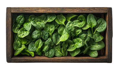 Fresh spinach in a wooden box on a white isolate background