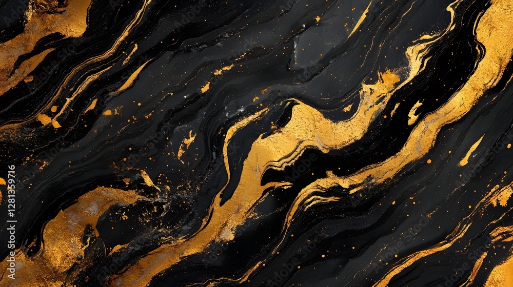 Poster Mesmerizing abstract texture with swirling dynamic patterns of black gold and orange  Resembling natural marble or granite this digital showcases an elegant luxurious and captivating design