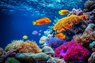 Fototapeta premium A vibrant underwater scene showcasing colorful coral and tropical fish in a clear blue ocean setting.