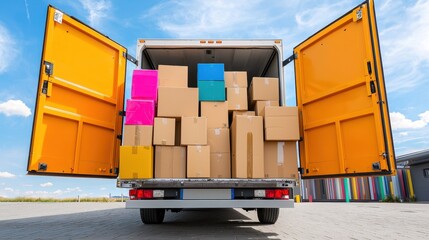 Efficient Moving Day - Organized and Packed Moving Truck Outside a Home with Cardboard Boxes and Household Items, Realistic High-Resolution Stock Photo Concept
