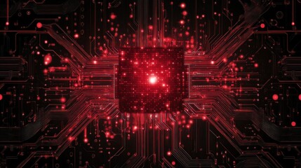 Obraz premium Red glowing central processing unit on circuit board.