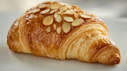 Flaky croissant topped with almond slices, perfect for breakfast or dessert
