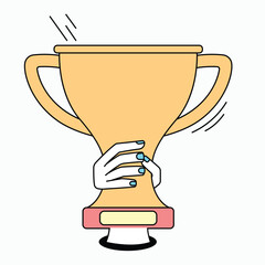 A minimalist vector illustration of a hand holding a trophy, symbolizing achievement, success, and recognition. Perfect for themes of awards, victory, and personal or professional milestones.