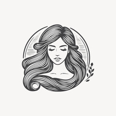 Natural beauty woman long hair vintage logo for salon or cosmetic product with line art style. Line art floral women logo design. creative vintage editable vector illustration.	 beautiful girl icon