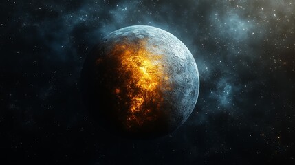 Fototapeta premium A celestial body glowing with fiery light in the vastness of space surrounded by stars and cosmic dust